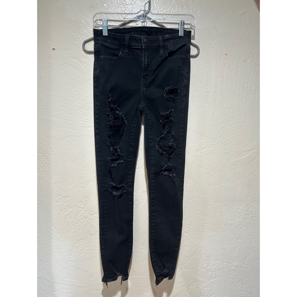 American Eagle Hi-Rise Jegging Black Distressed  Skinny Jeans Women 0 Short